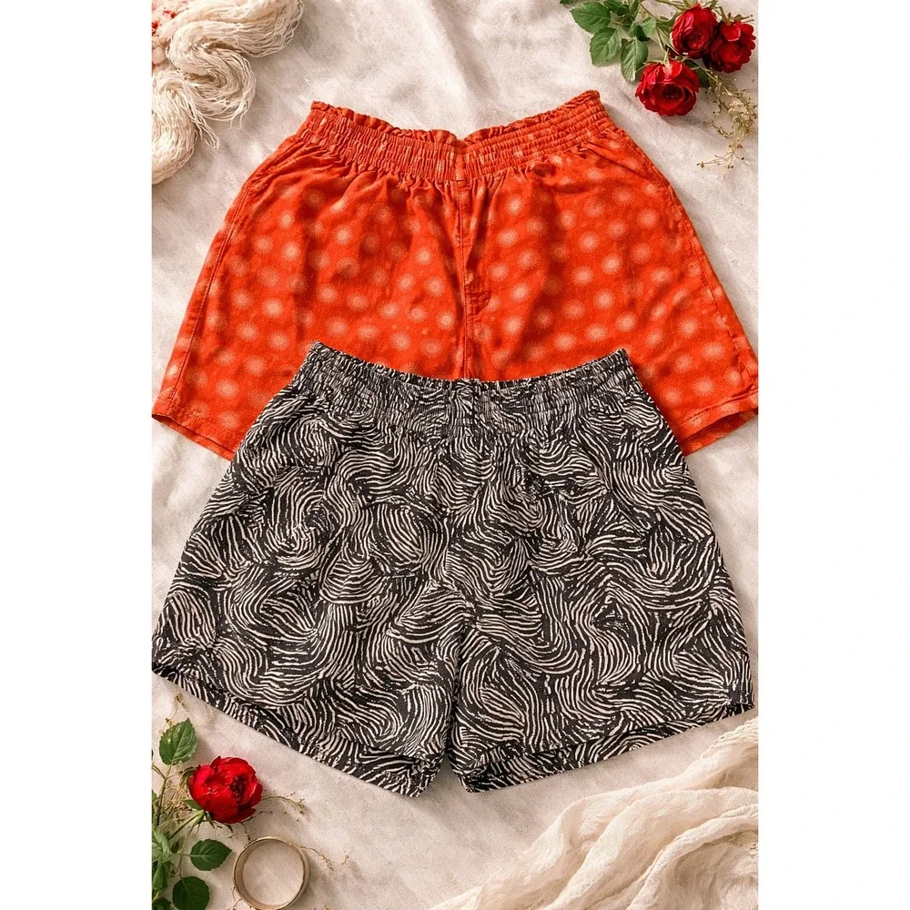 2 Pairs Target Linen‎ Blend Sz M Shorts Sun Print & Wave Print Elastic Waist